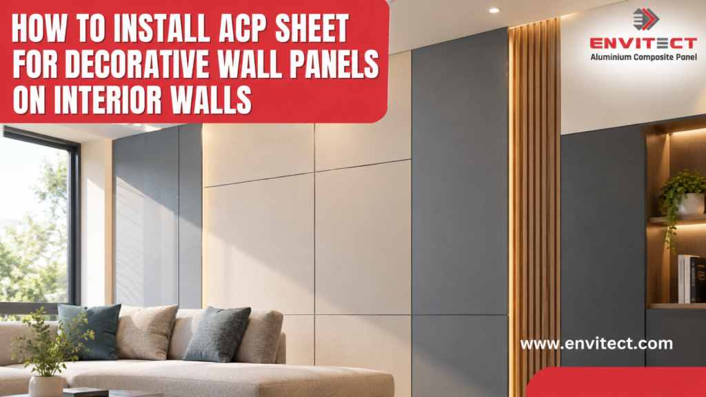 Installer fixing an ACP sheet for decorative wall panels on an interior feature wall