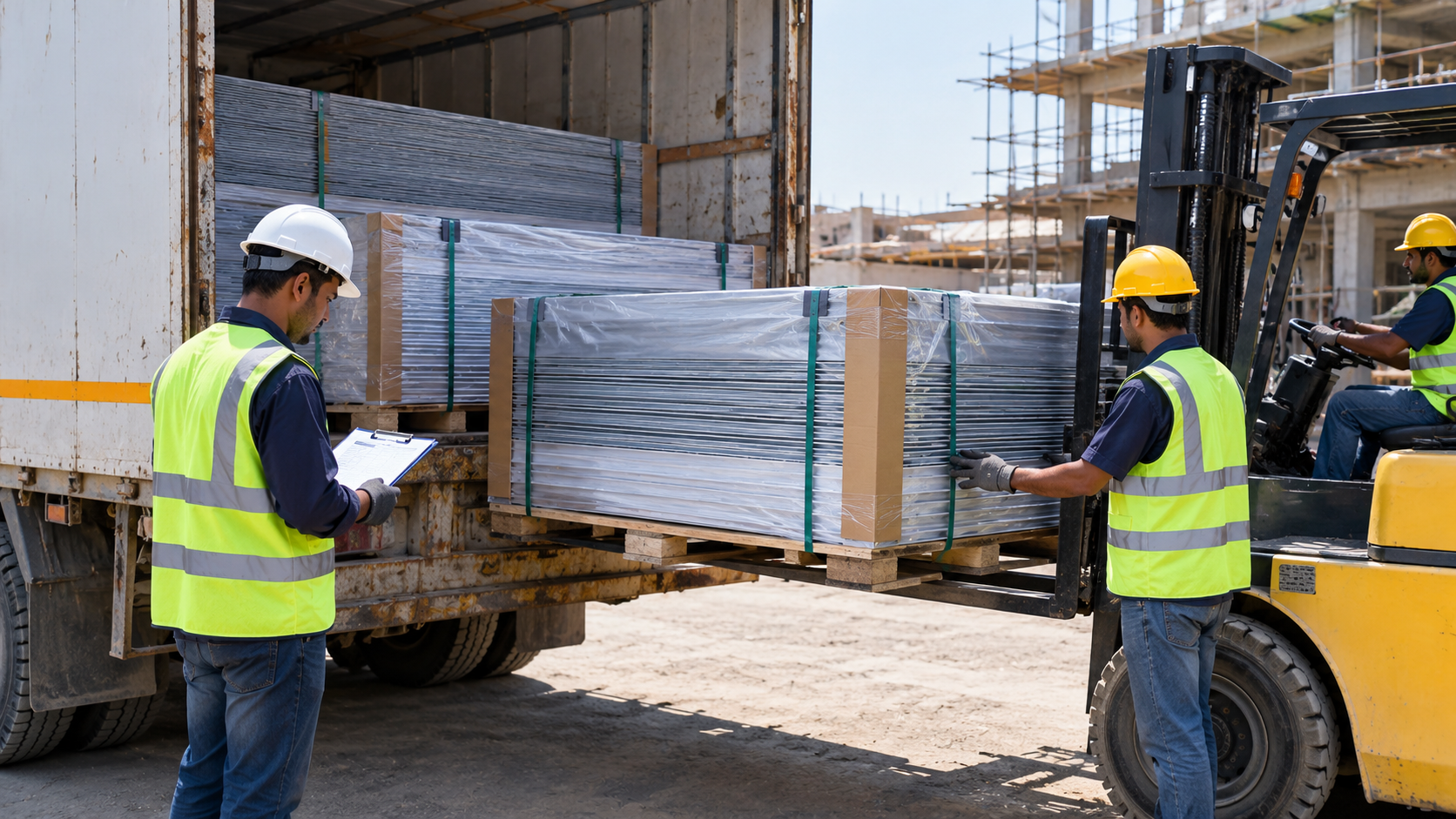 Site team inspecting and unloading ACP sheets from a delivery truck at a construction site