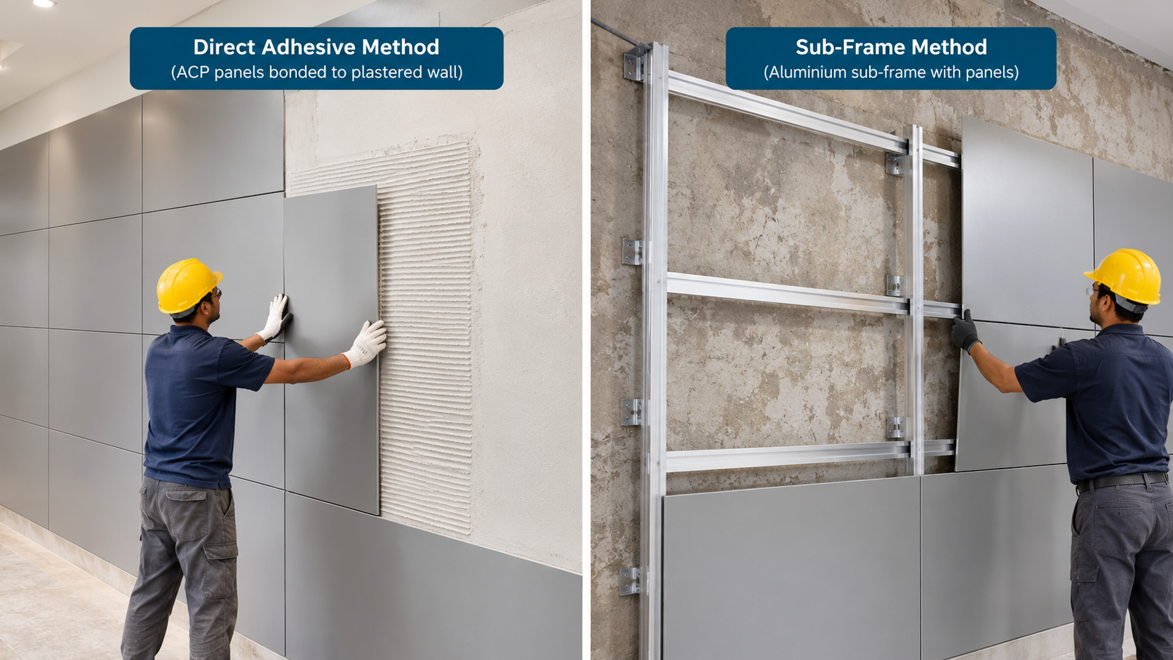 Comparison of direct adhesive and sub-frame fixing methods for ACP decorative wall panels
