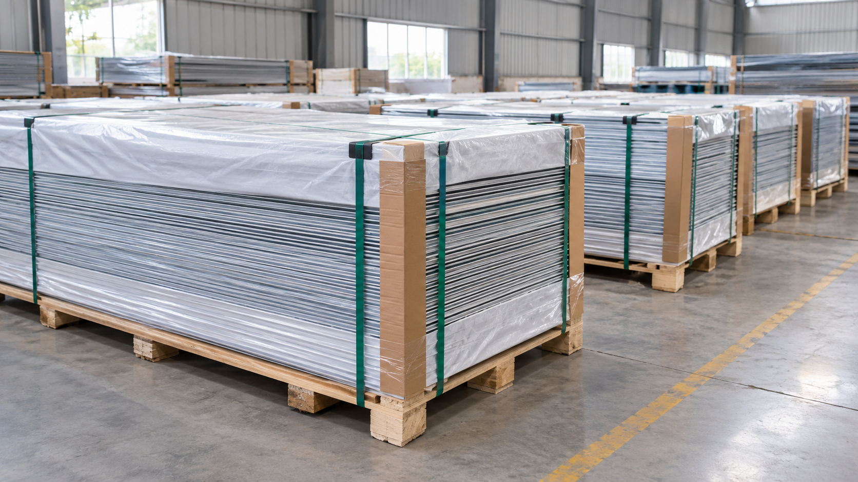 sheets stacked flat on wooden pallets with edge protection and strapping for safe delivery across India