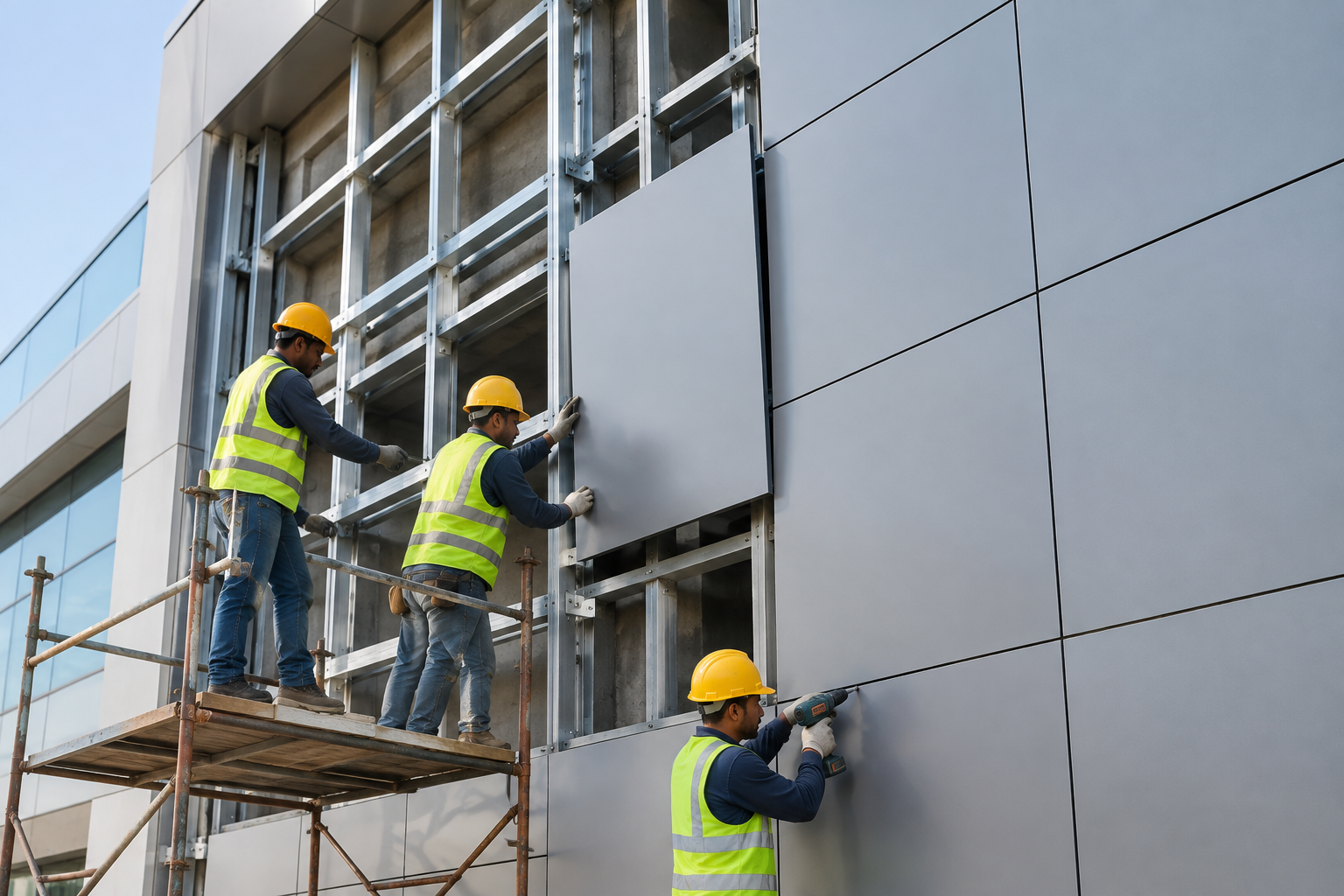 ACP facade installation with aluminium framing and panel fixing